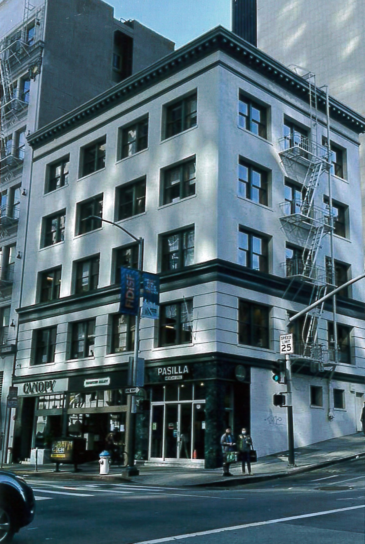 Street view of renovated and repainted Kearny-Pine Building 